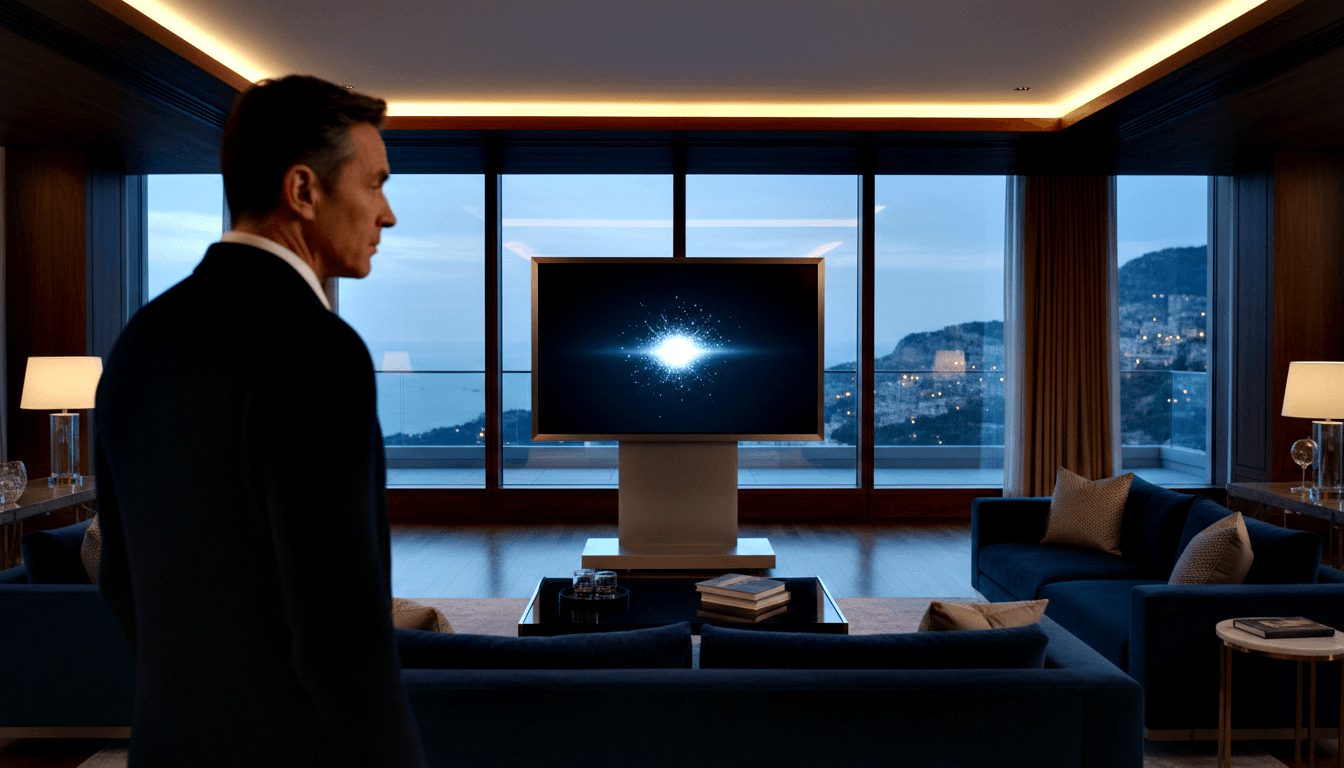 Man in dark navy suit faces a large gold-framed TV displaying a blue-white starburst effect, with navy sofas and dusk cityscape view.
