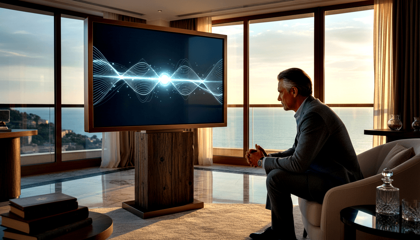 Middle-aged man in grey blazer sits forward in cream armchair, hands clasped, watching a TV showing a blue-white waveform.