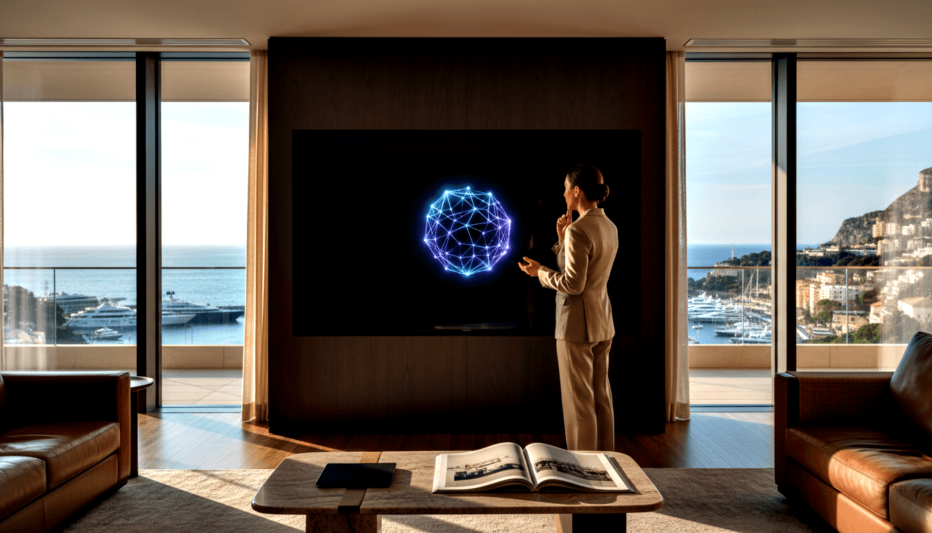 Woman in beige pantsuit raises hands toward glowing cyan wireframe sphere in a modern living room with dark wood-paneled walls and harbor views.