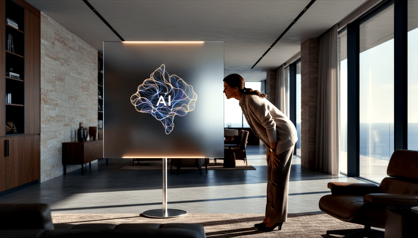 Woman in cream blazer leans forward inspecting a frosted panel on chrome pedestal glowing with blue-violet AI wave pattern.