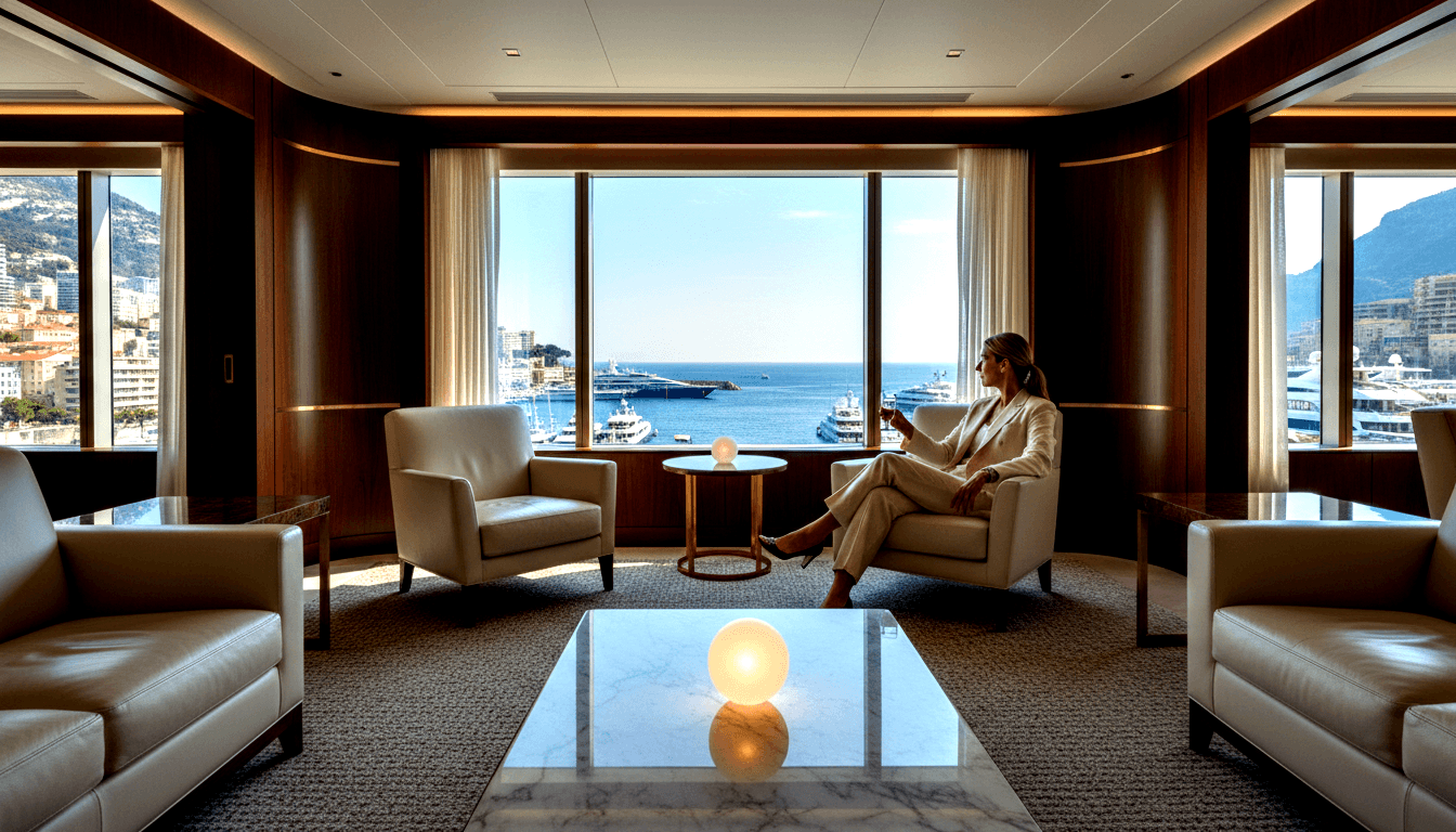Blonde woman in cream suit sits cross-legged in leather armchair, holding a glass, gazing at yacht-filled harbor through tall windows.