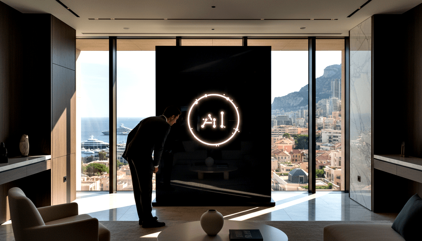 Person in dark suit bowing 45° toward a large black panel displaying a glowing circular AI emblem, with harbor and city visible through windows.