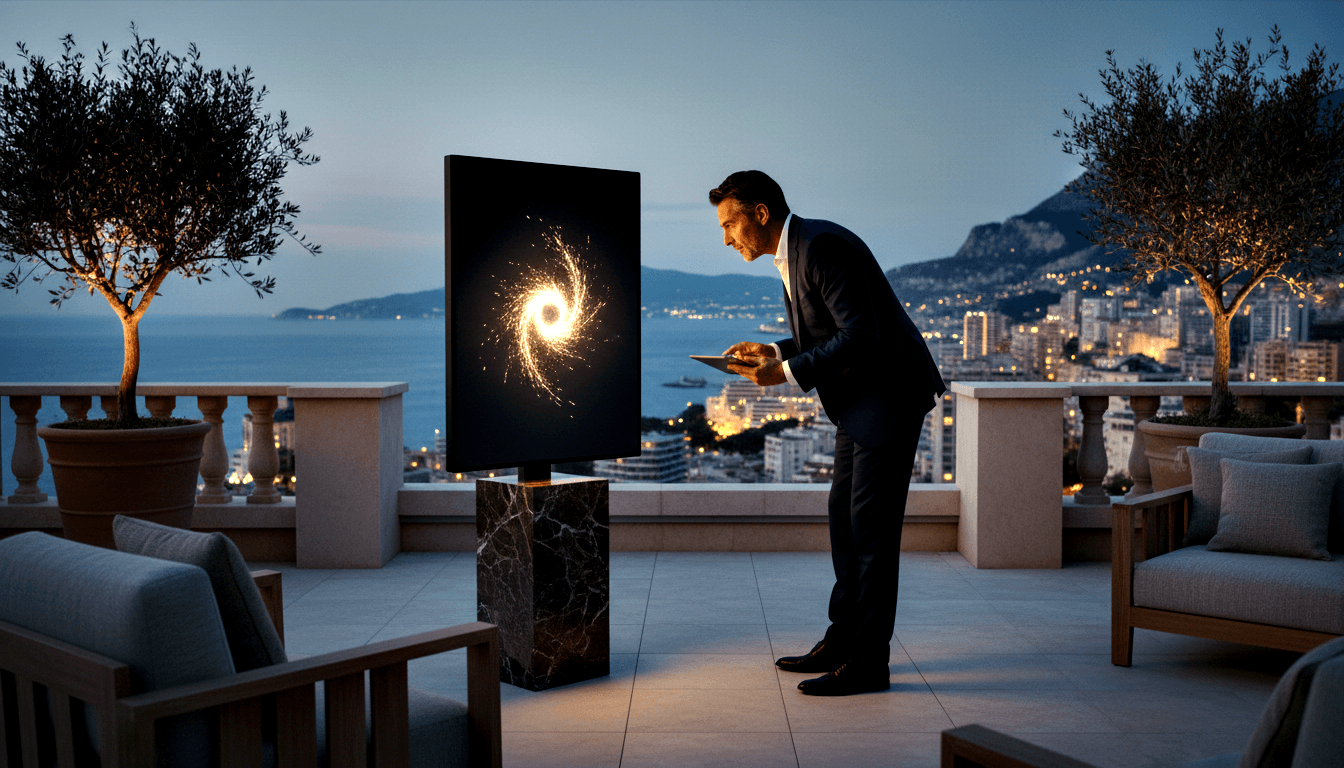 Man in navy suit holds tablet, examining a dark panel on marble pedestal displaying a glowing golden spiral vortex, on a terrace at dusk.
