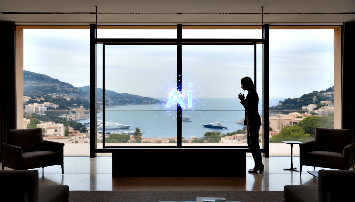 Silhouetted woman in blazer stands before panoramic windows with glowing cyan holographic 'Ai' and coastal town view.