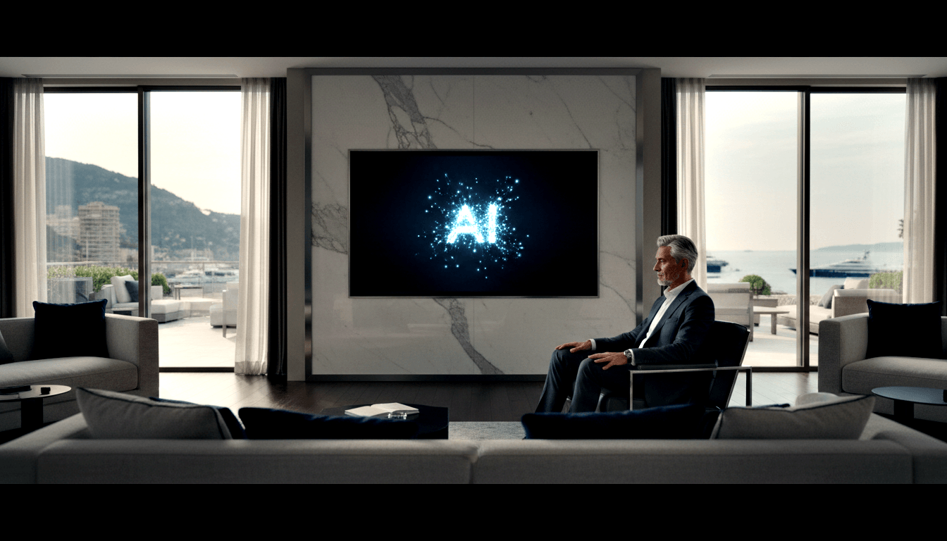 Silver-haired man in dark navy suit sits in profile in a black-and-chrome armchair facing a screen displaying a glowing cyan AI logo.