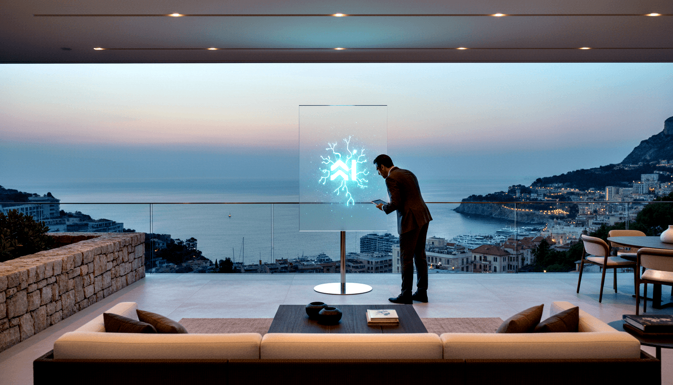 Man in burgundy suit holds tablet before glowing teal glass display; coastal city visible at lavender-pink dusk beyond glass railings.
