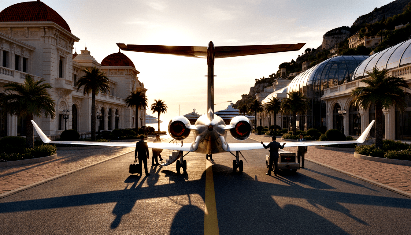Rear view of twin-engine private jet on wide boulevard flanked by Belle Époque buildings with red-tiled domes at golden sunset.