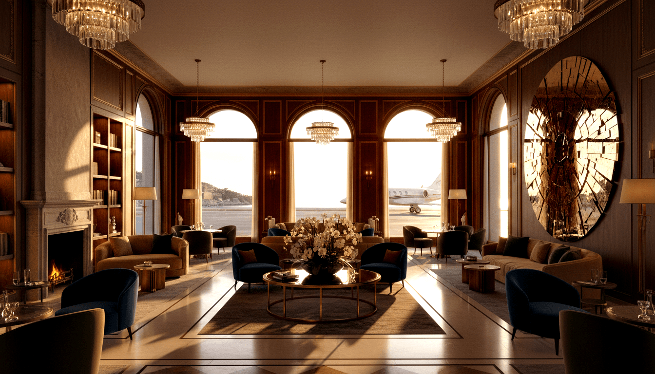 CGI palatial lounge: mahogany paneling, crystal chandeliers, velvet armchairs, mirrored table, fireplace, jet on tarmac beyond.