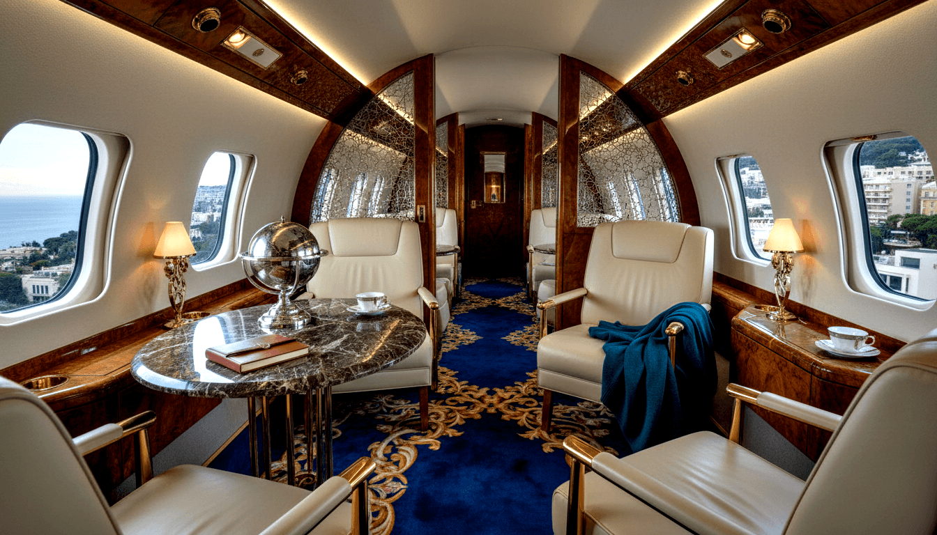 Narrow curved aircraft cabin with cream leather armchairs, marble-topped table, porcelain teacups, and coastal views through oval windows.