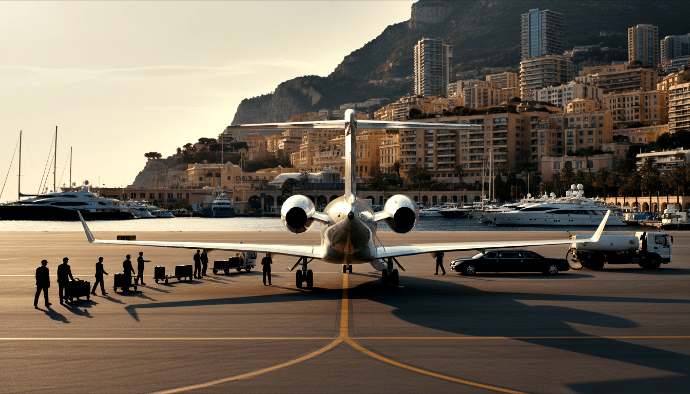 White private jet with twin rear engines and T-tail on tarmac, harbor with large yachts and hillside cityscape of high-rises behind.