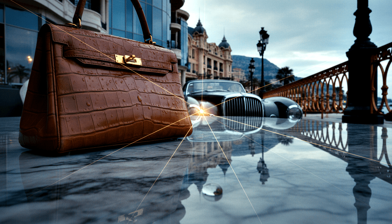 Caramel croc-leather handbag, gold hardware, on mirror plaza; vintage black convertible with golden starburst rays behind it.