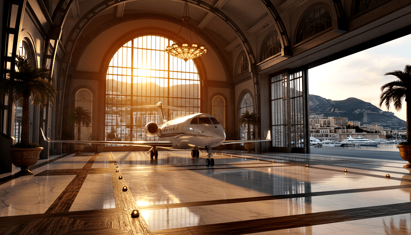 White private jet inside an ornate palatial hangar with marble floors, classical columns, chandelier, and arched windows showing a sunset.