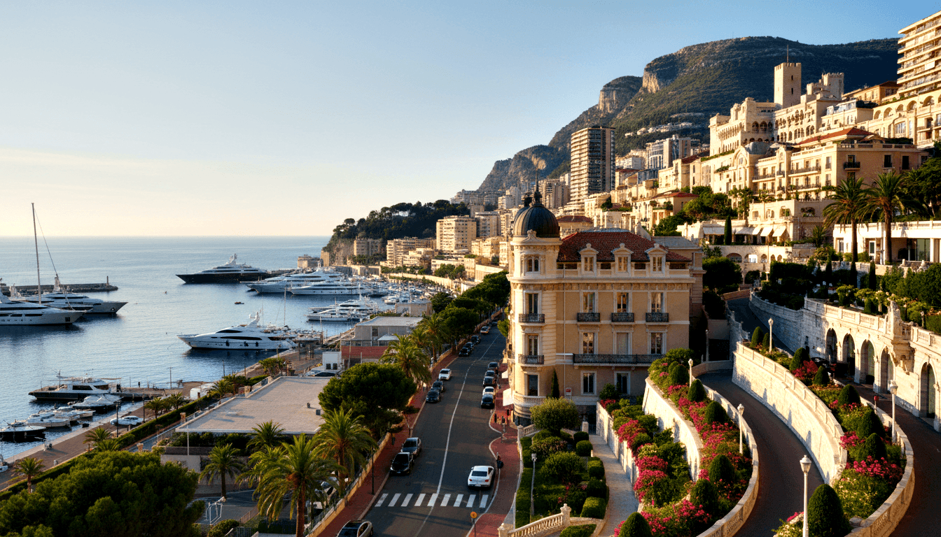 Ochre and cream city cascading down hillsides to a deep-blue harbor filled with white yachts, anchored by a domed Belle Époque building.