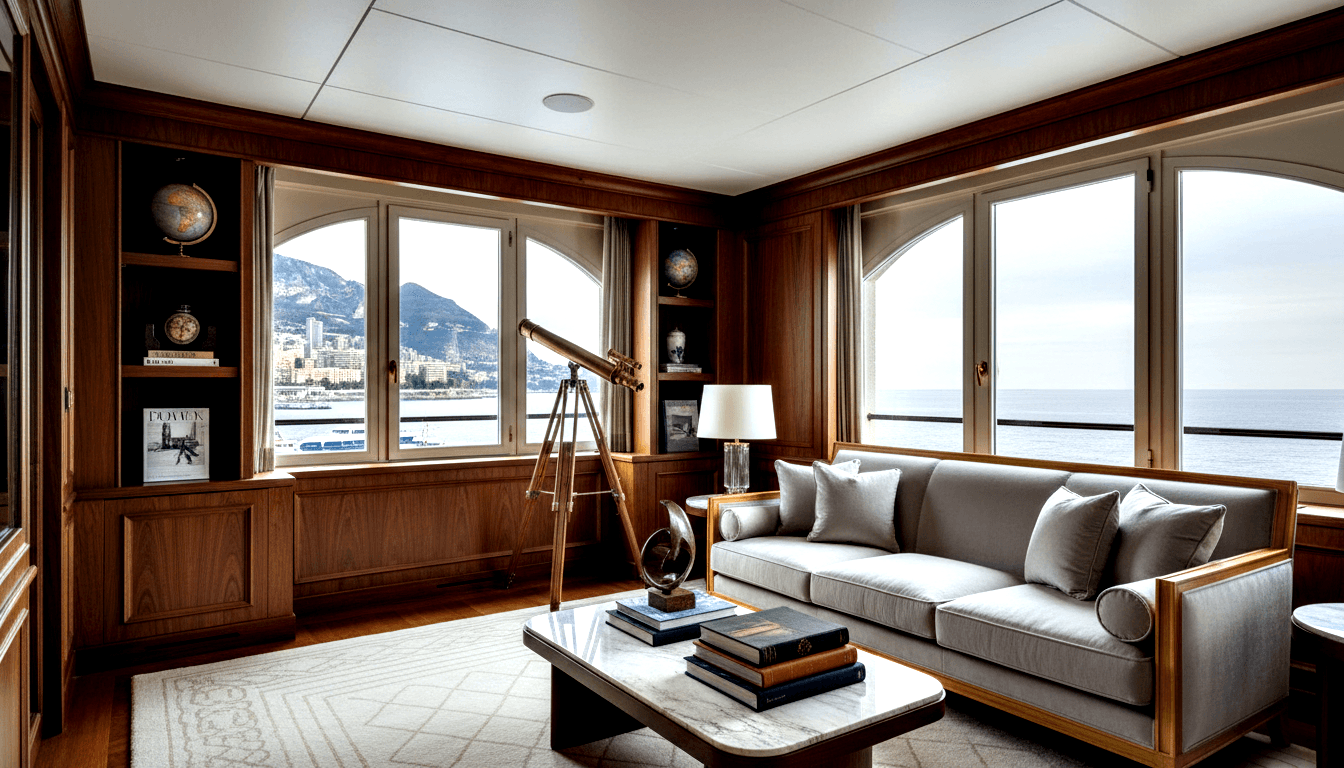 Wood-paneled lounge with walnut walls, globes, brass telescope on tripod, gray sofa, marble coffee table, arched sea-view windows.