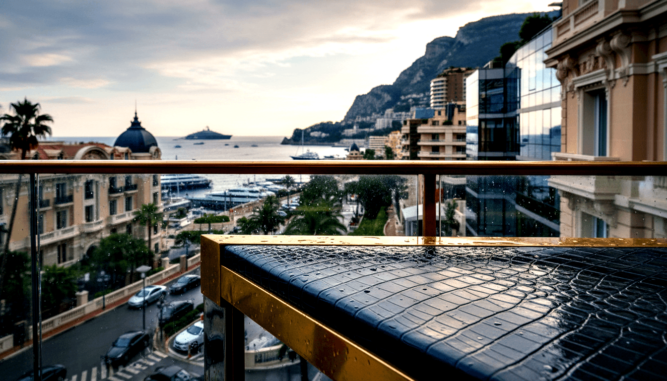 Wet crocodile-leather balcony rail with gold hardware; coastal cityscape with marina, yachts, dome, and glass towers behind.