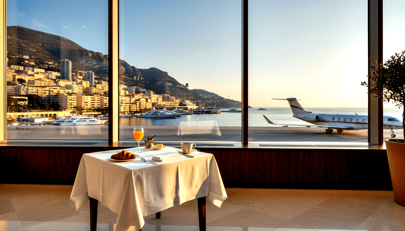 Breakfast table for one faces floor-to-ceiling windows overlooking a white business jet, marina with yachts, and hillside buildings.