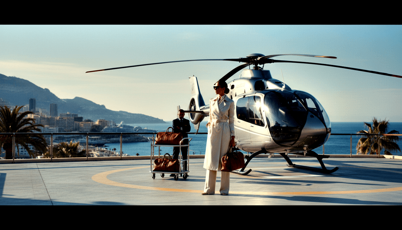 Woman in cream pantsuit holding leather duffle beside silver helicopter on rooftop helipad, man with luggage trolley, coastal harbor backdrop.