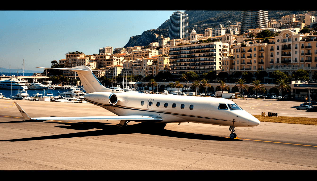 White business jet on tarmac with a hillside of multi-story buildings, marina packed with yachts, palm trees, and rocky cliffs behind it.
