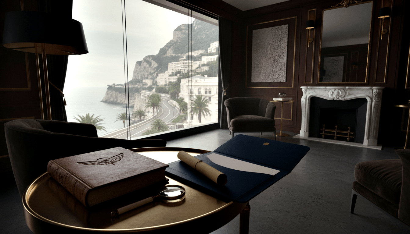 CGI dark-paneled study with gold trim; table holds leather book, parchment, magnifying glass, portfolio; coastal view through tall windows.