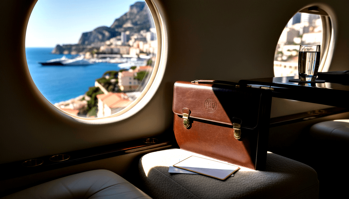 Aircraft cabin with brown leather briefcase and brass clasps beside a water glass; portholes reveal coastal city on rocky cliffs above blue sea.
