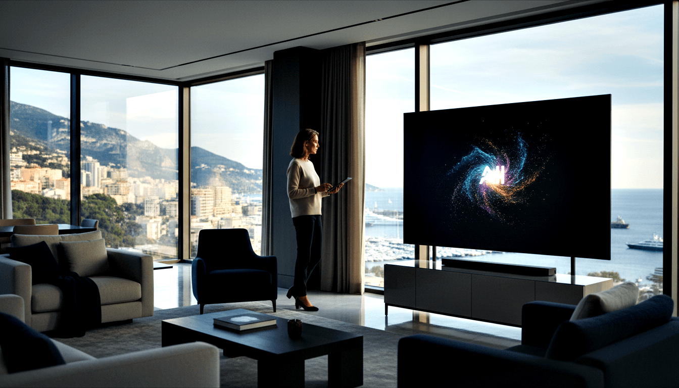 Woman in beige sweater holding a tablet faces a large TV showing a swirling multicolored AI particle graphic in a high-floor living room.