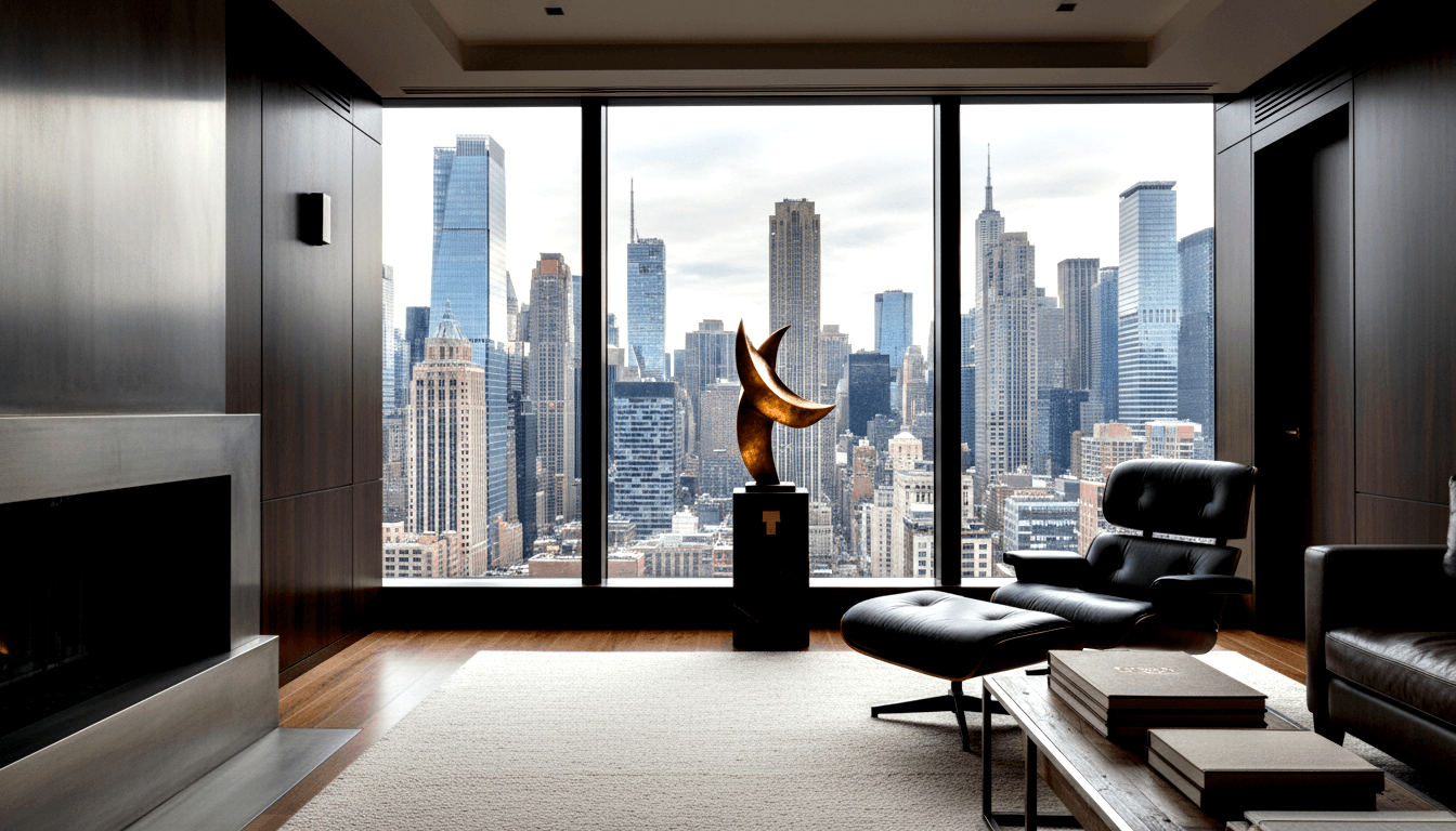 Dark walnut-paneled high-rise living room with black leather chair, recessed fireplace, bronze crescent sculpture, city skyline views.
