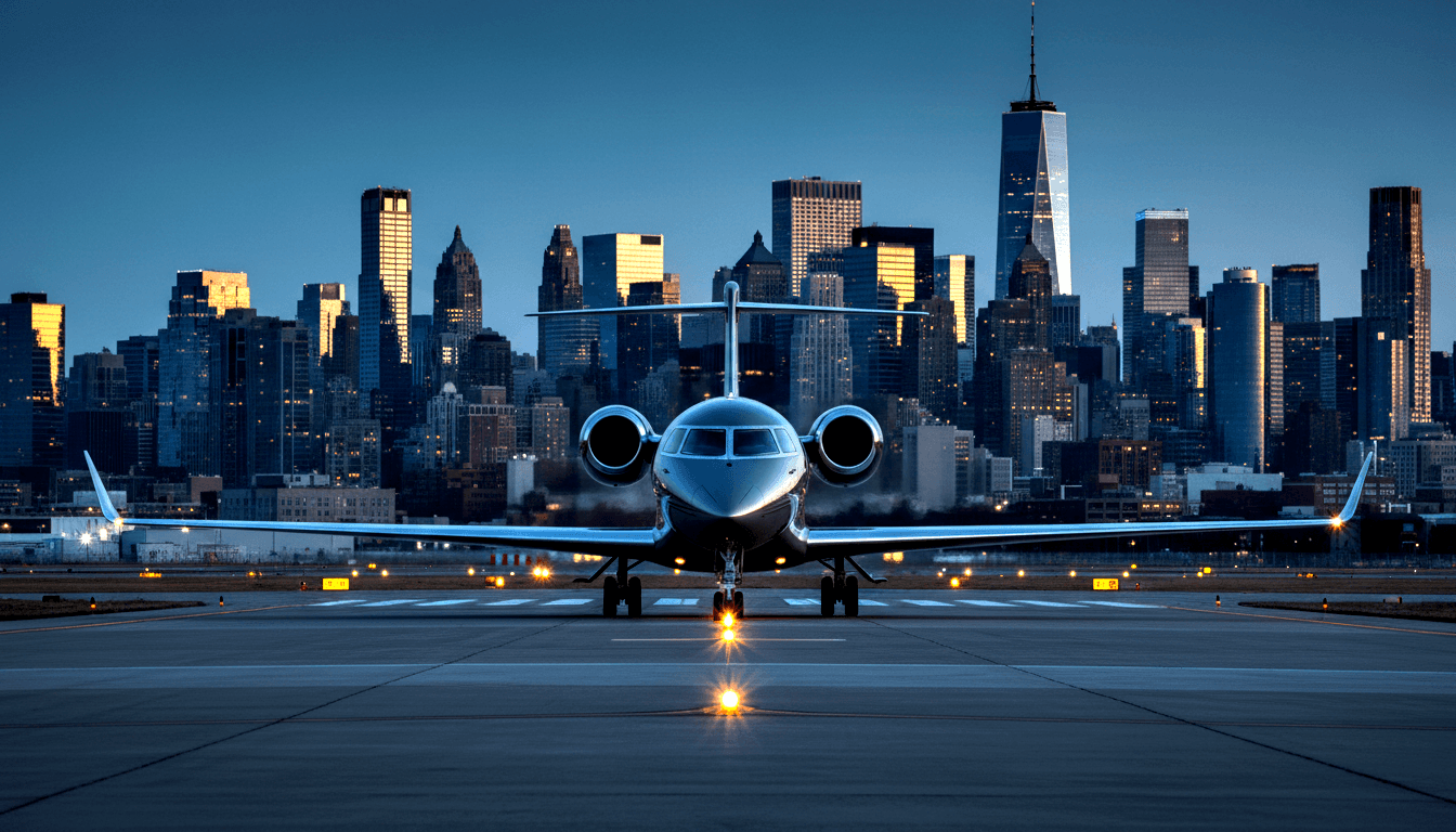 Twin-engine rear-mounted business jet on tarmac at dusk, nose gear glowing amber-orange, urban skyline with illuminated towers behind.