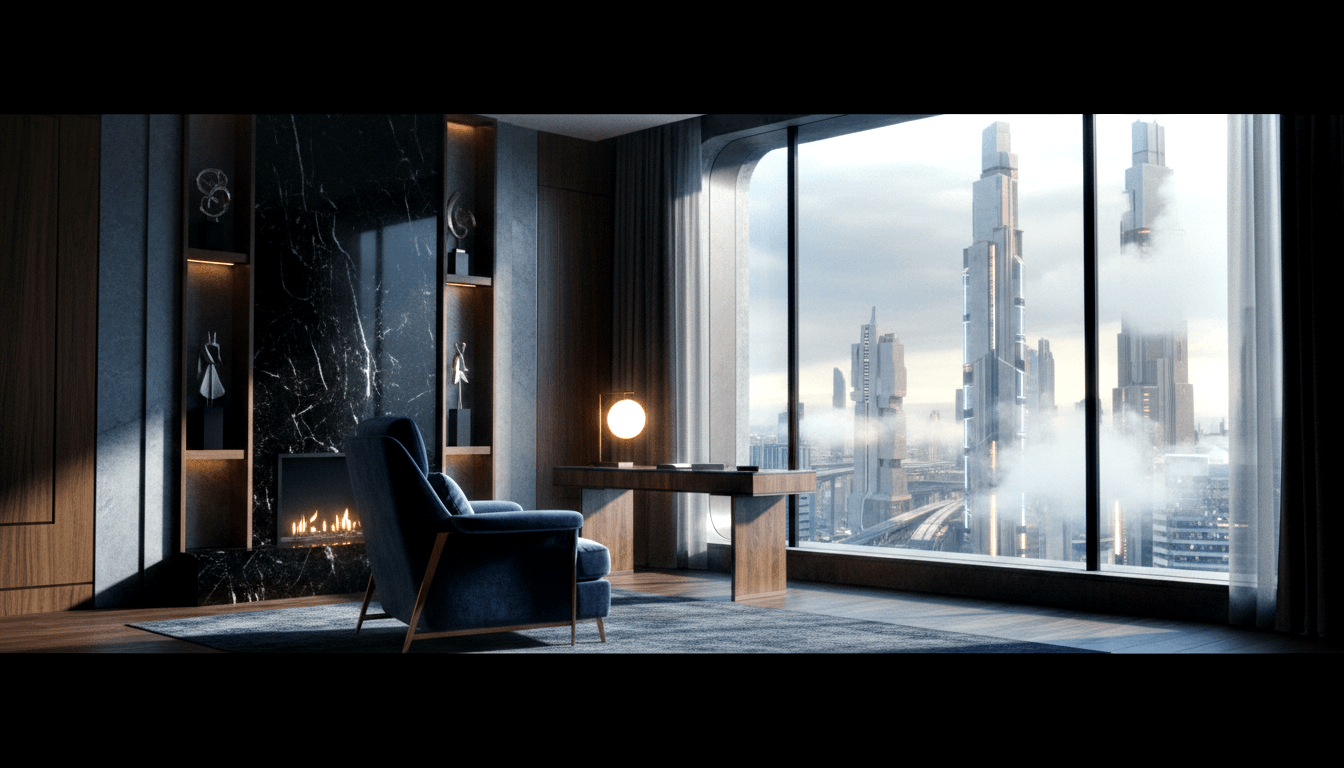 CGI suite with navy velvet armchair, walnut desk, globe lamp, marble fireplace, and windows overlooking misty futuristic skyline.