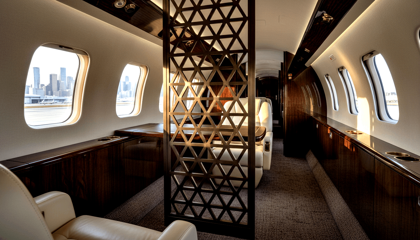 Private jet cabin with cream leather armchairs, dark wood veneer cabinetry, geometric lattice partition, and amber LED ceiling strips.