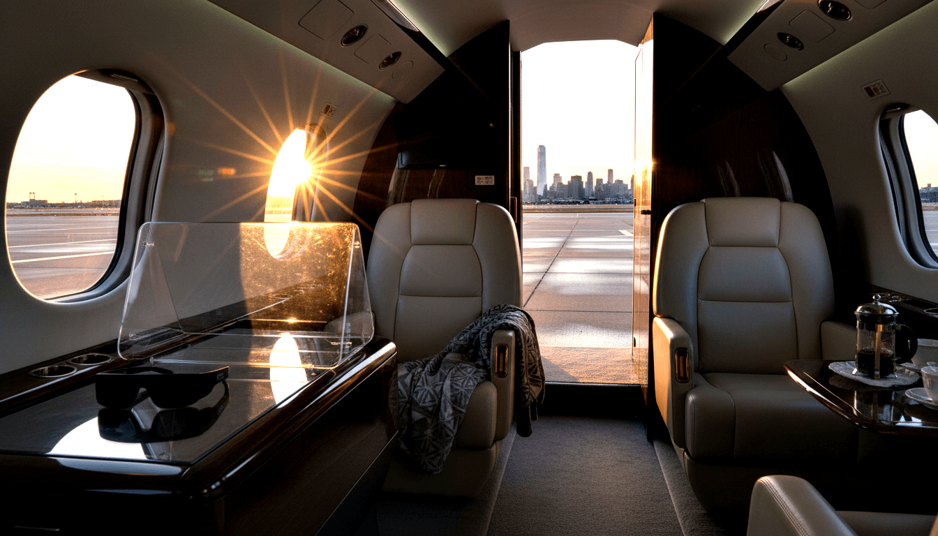 Private jet interior with cream leather seats, dark wood tables, and open entry door framing a distant city skyline at golden hour.