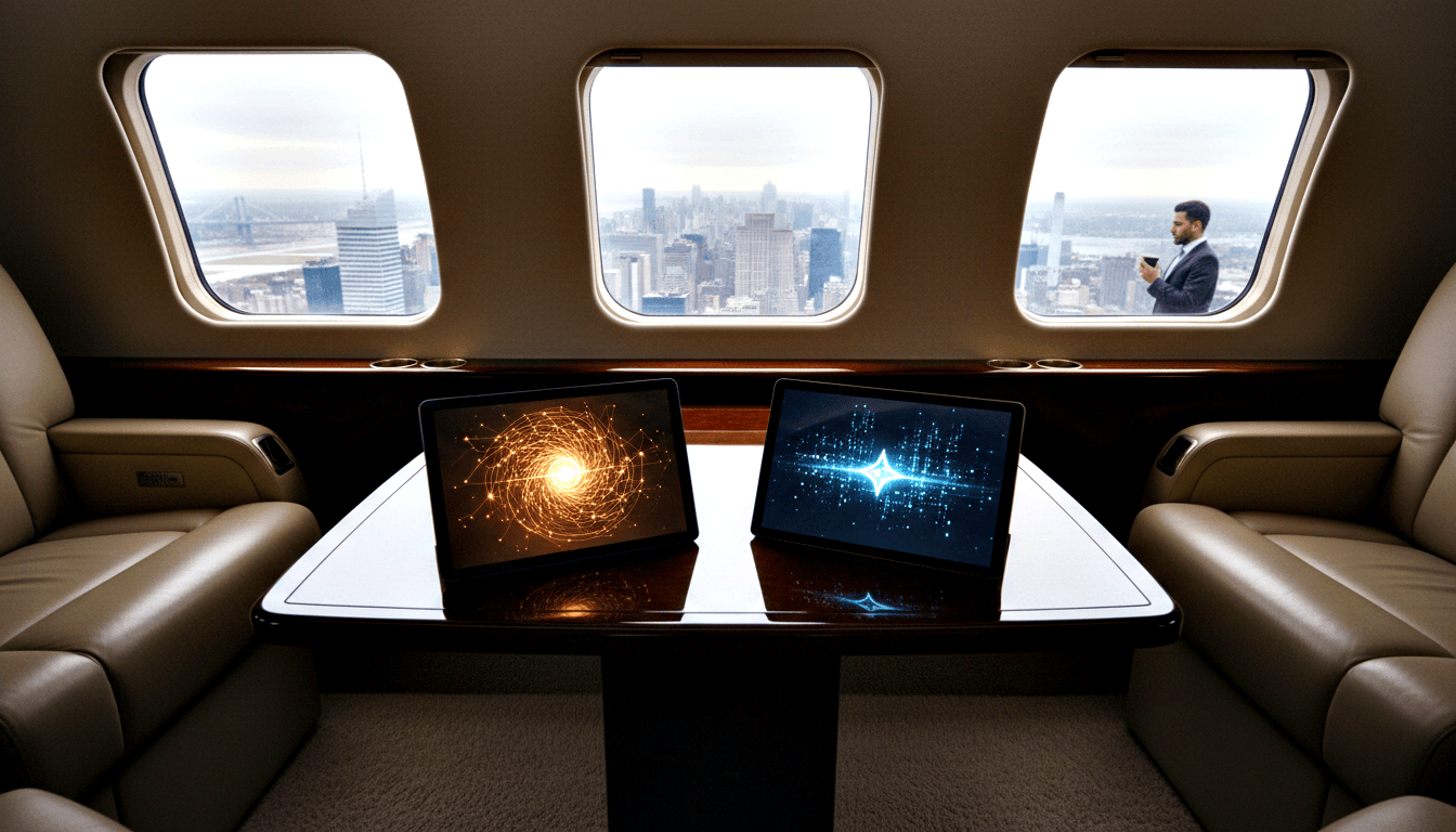 Private jet cabin: cream seats, dark wood table with two tablets showing orange spiral network and cyan waveform; aerial city view outside.