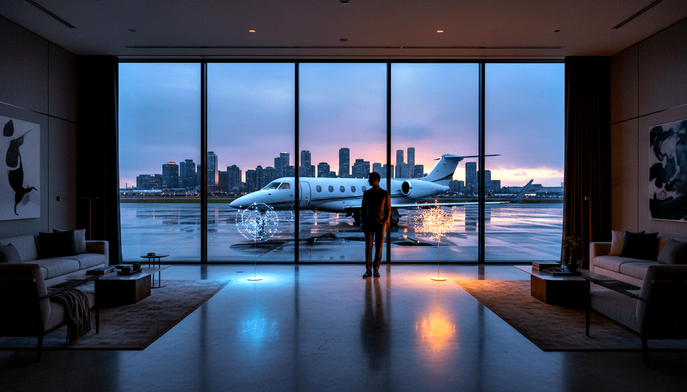 Silhouetted adult in dark blazer facing floor-to-ceiling windows showing a white private jet on tarmac and city skyline at twilight.