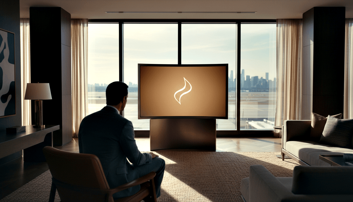 Man in dark suit faces curved display with amber flame symbol; floor-to-ceiling windows reveal city skyline below.