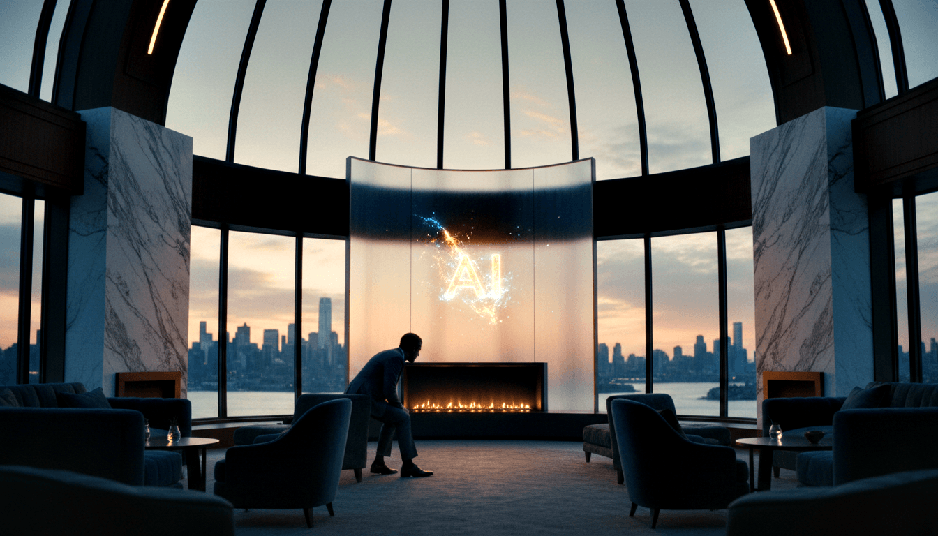 Person in lounge chair inside vast domed interior; glowing fireplace, golden 'AI' display, glass ceiling, marble columns.
