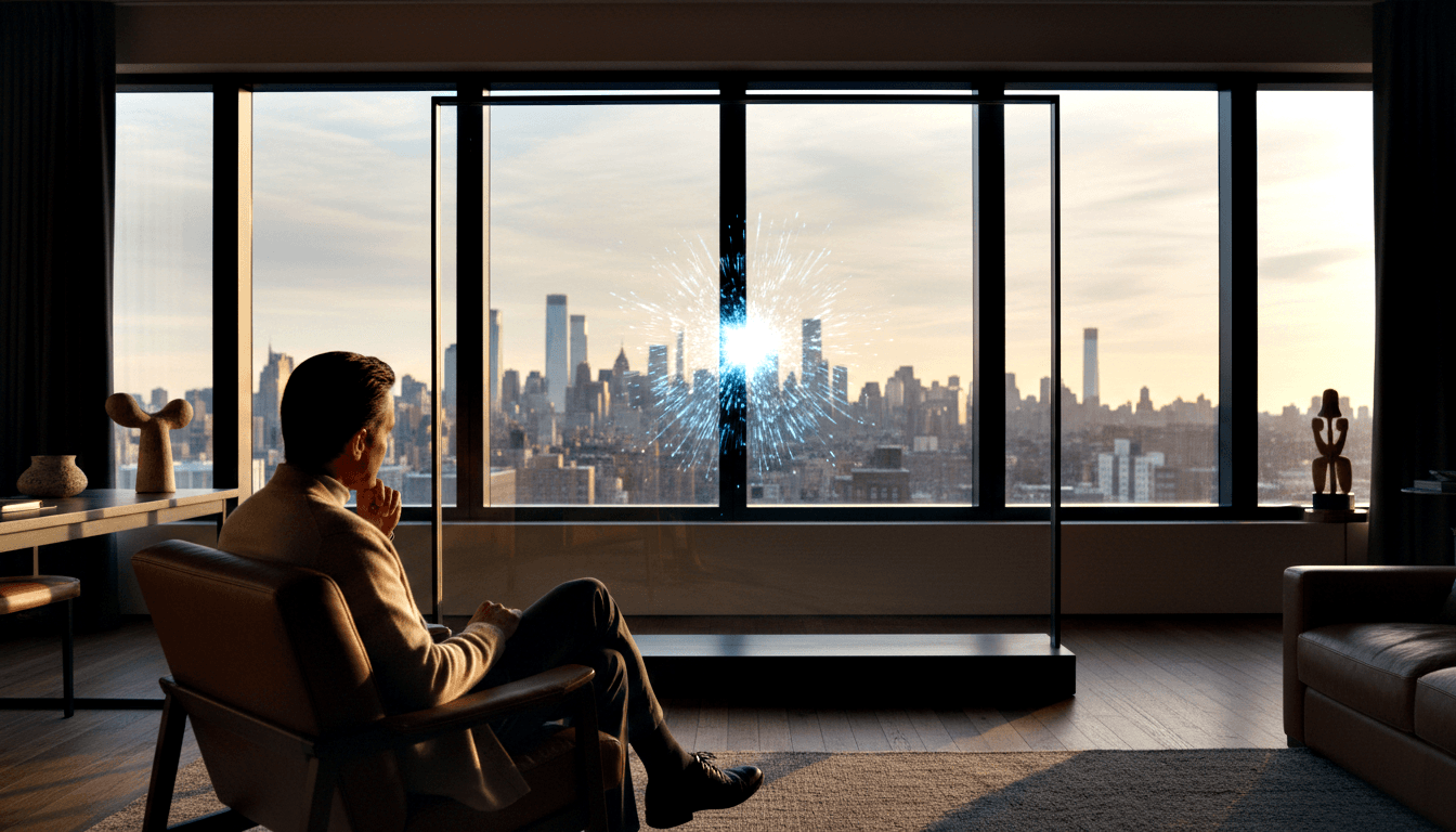 Man in cream turtleneck faces glass panel emitting blue-white electrical burst, city skyline at golden hour visible beyond.