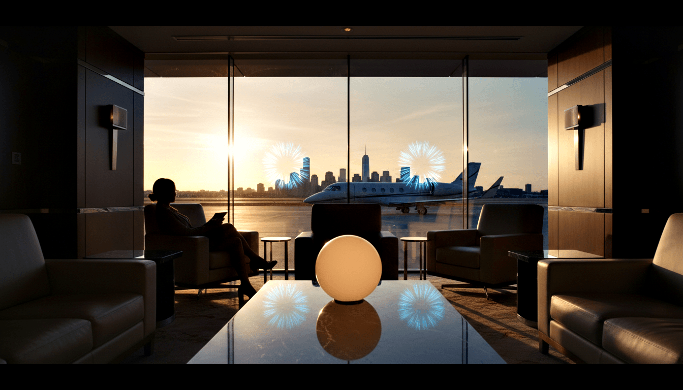 Silhouetted woman in leather chair holds device, facing floor-to-ceiling windows with a business jet on tarmac and amber sunset skyline beyond.
