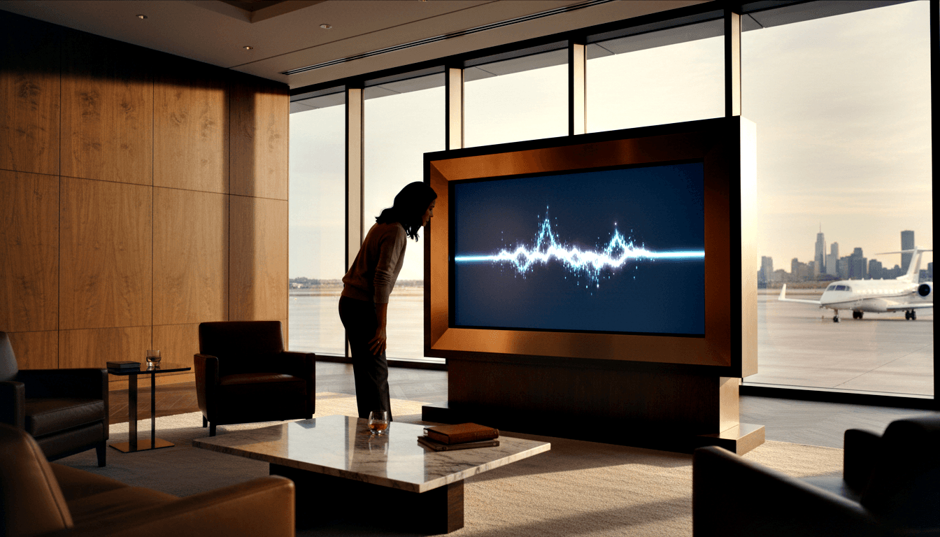 Woman in rust top inspects flat-screen showing cyan audio waveform in wood-paneled lounge; windows reveal private jet outside.