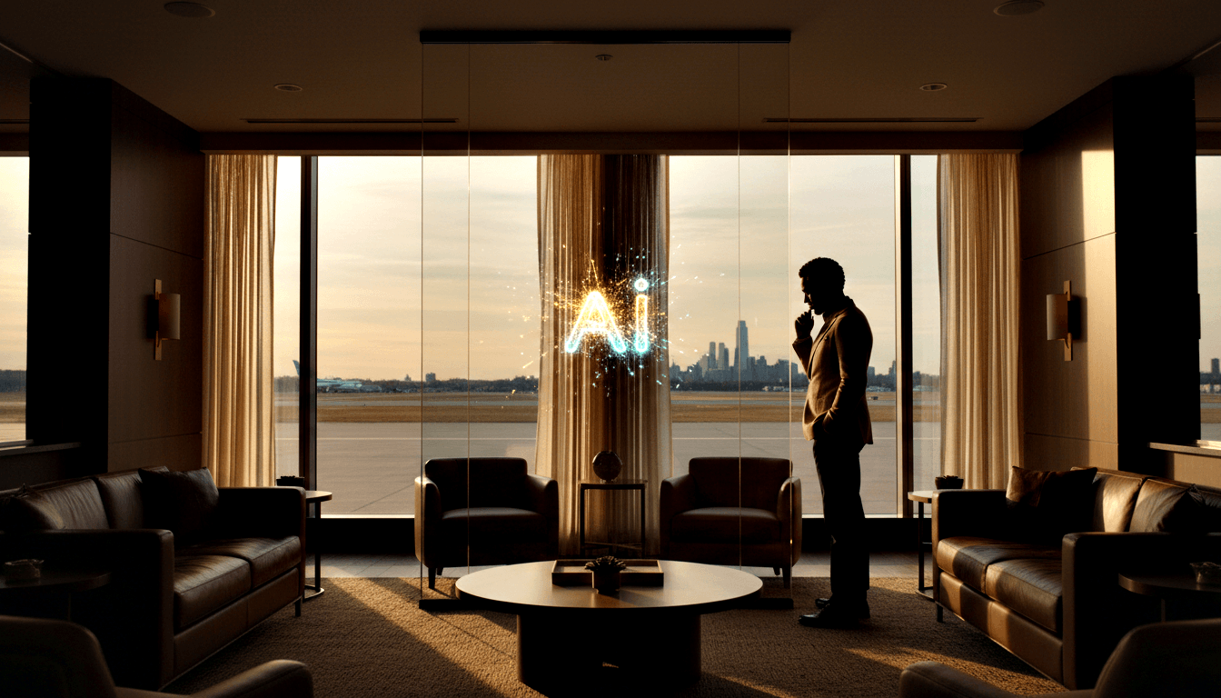 Silhouetted figure examines glowing holographic cyan-and-gold 'AI' particle display in warmly lit room with dark leather sofas.