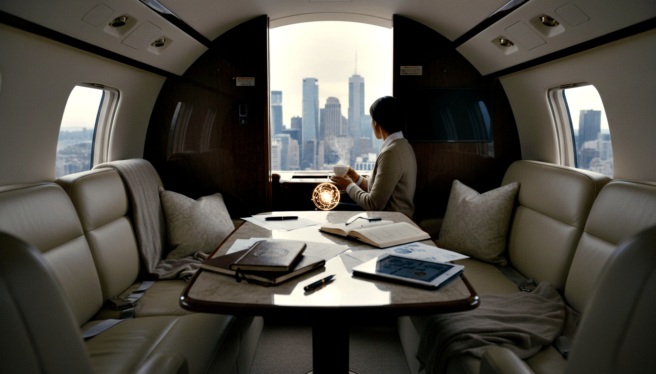 Private jet cabin; conference table with notebooks, pens, tablet showing charts, glowing orb; person in beige sweater gazes at skyline.