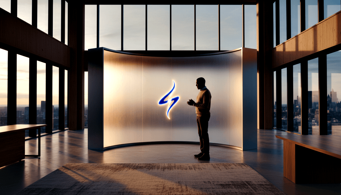 Man in tan sweater and dark trousers stands before a large curved metallic panel with a glowing blue lightning bolt symbol.
