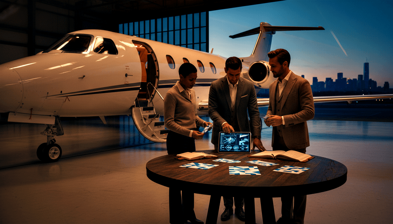Three professionals review documents and a tablet at a round table inside an aircraft hangar, with a white private jet behind them.