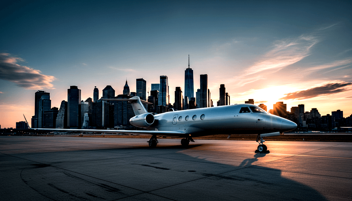 White business jet with rear-mounted engines on tarmac, backed by silhouetted skyscrapers under amber-orange sunset sky.