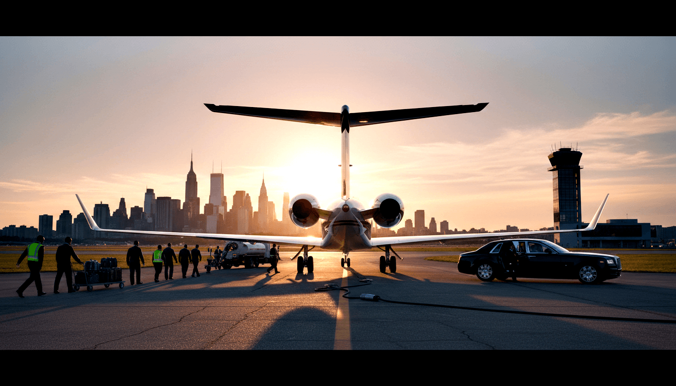 Business jet, twin rear engines, T-tail, backlit by golden sun on tarmac; crew, luggage carts, suited figures, black sedan.