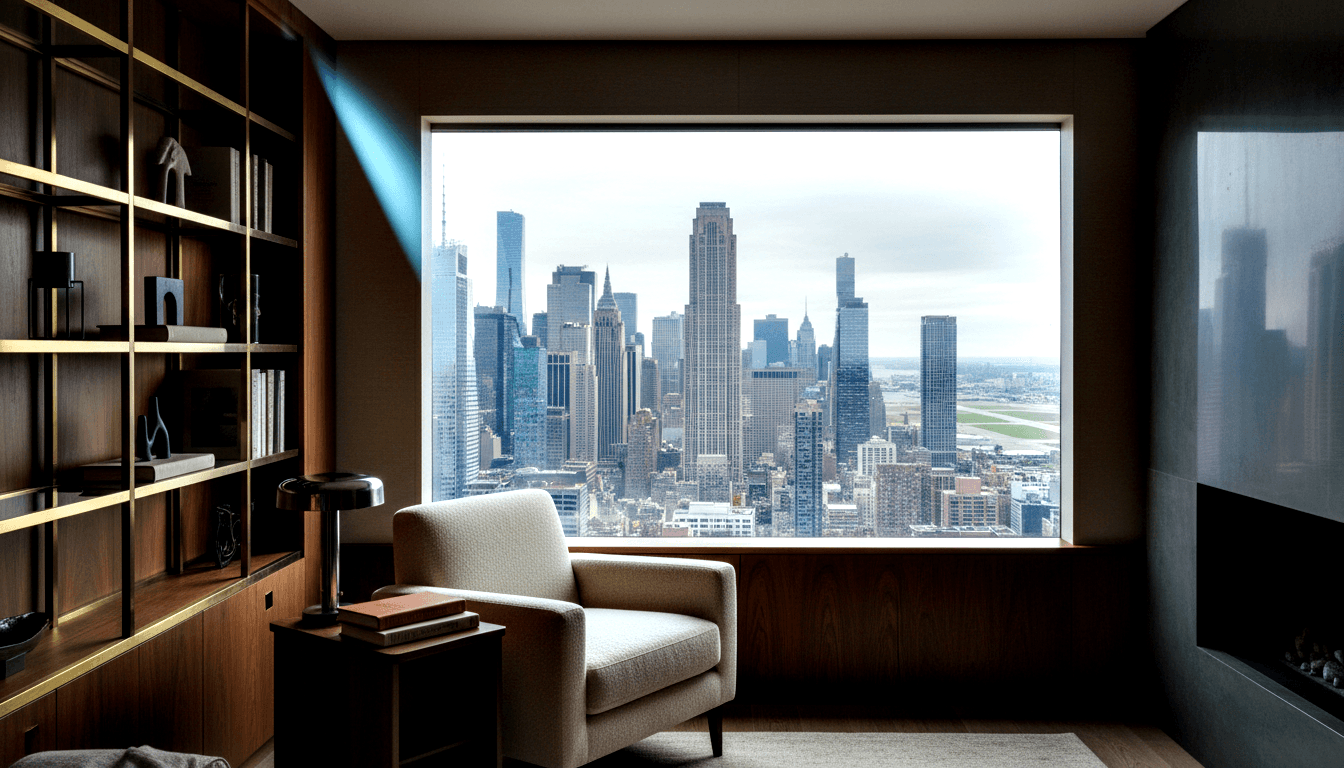 High-rise sitting room with deep walnut walls, brass-accented shelving, cream armchair before floor-to-ceiling window with skyscraper skyline.