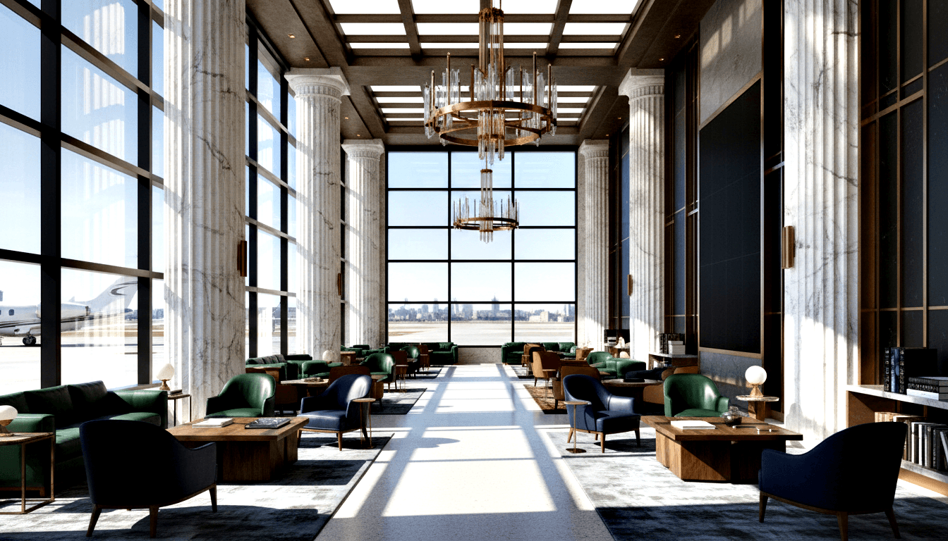 Aviation lounge with marble columns, navy and green seating, brass chandeliers, and floor-to-ceiling windows showing a private jet.