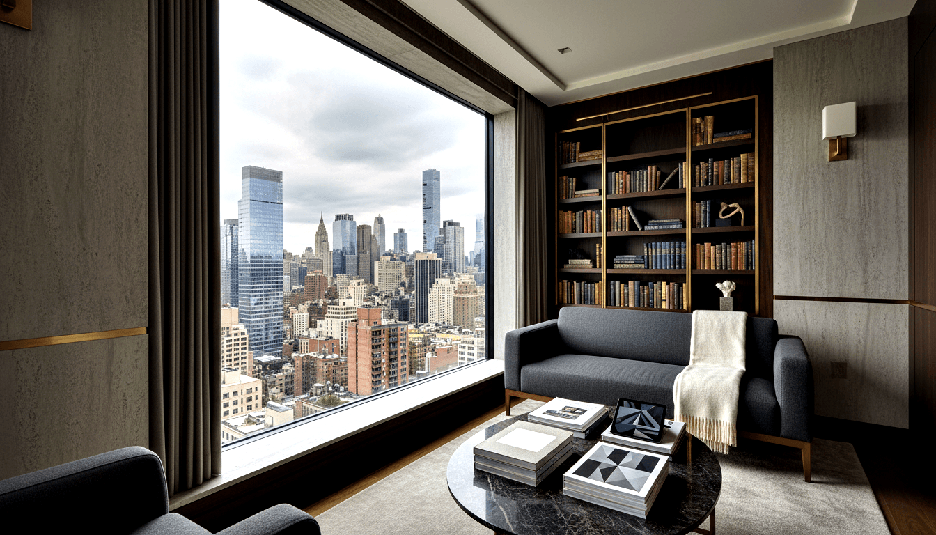 Grey loveseat with cream throw, black marble coffee table, dark bookcase; floor-to-ceiling window with urban skyline view.