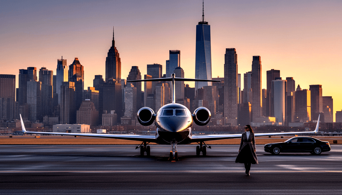 Charcoal silver private jet on tarmac at golden hour, woman in dark coat nearby, amber skyline behind.