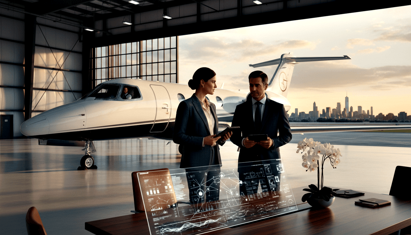Woman and man holding tablets converse near a white private jet in a hangar; glass table with data diagrams and orchid in foreground.