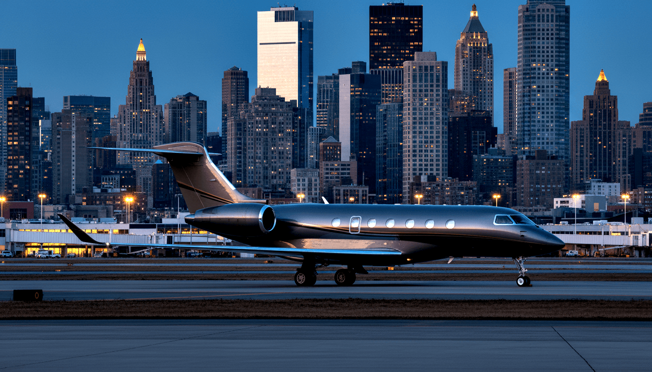 Dark charcoal business jet with silver trim on airport tarmac at dusk, illuminated skyline of skyscrapers in the background.