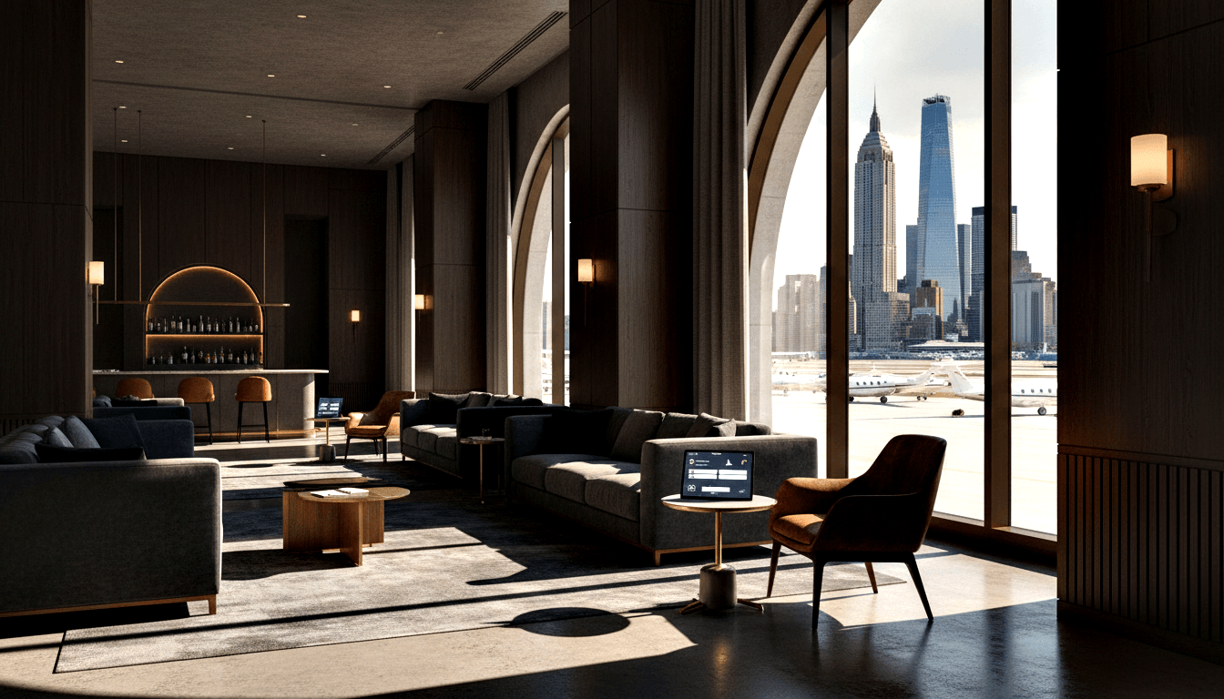 Private aviation terminal lounge with charcoal walls, gray sofas, burnt orange chairs, and arched windows overlooking jets on a tarmac.